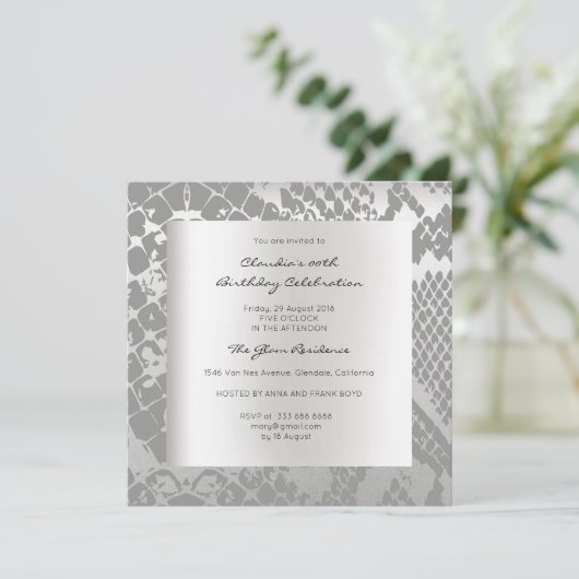 Invitation Python Snake Animal Skin Noir Argent Anniversaire (Debout devant)