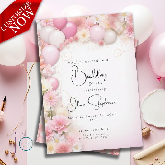Invitation QR Anniversaire Ballons et marguerites roses