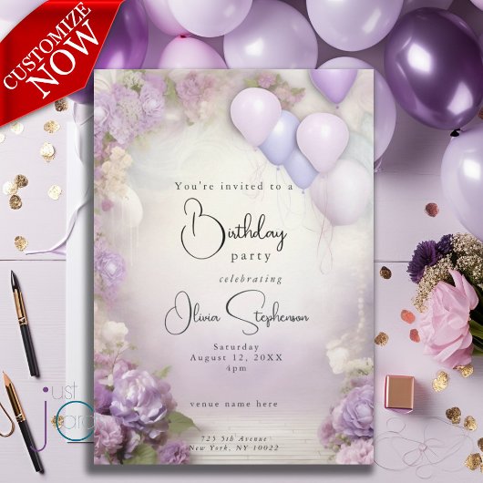 Invitation QR Anniversaire Lilac Floral et Ballons
