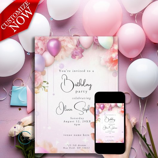 Invitation QR Anniversaire rose et Lilac Floral Ballons