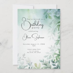 Invitation QR Aquarelle Anniversaire Bleu Vert Feuilles