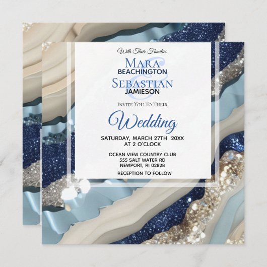 Invitation *~* QR BLUE IVORY SILVER Agate RSVP AR66 Mariage (Devant / Derrière)