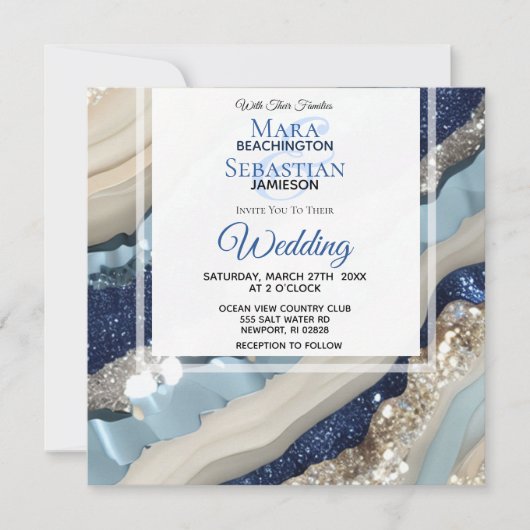 Invitation *~* QR BLUE IVORY SILVER Agate RSVP AR66 Mariage (Devant)