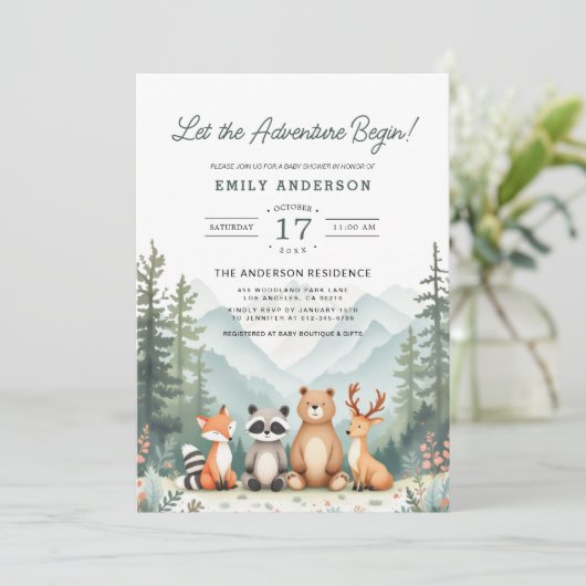 Invitation QR Code Adventure commence Baby shower de bois (Debout devant)