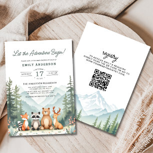 Invitation QR Code Adventure commence Baby shower de bois