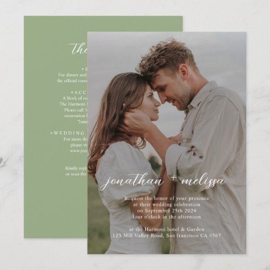 Invitation QR Code All in One Sage Green Photo Script Wedding (Devant / Derrière)