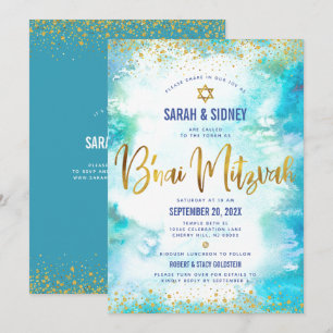 Invitation QR Code B’nai Mitzvah Gold Turquoise Aquarelle