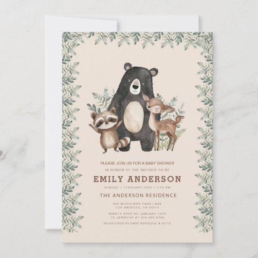 Invitation QR Code Baby shower des animaux forestiers (Devant)