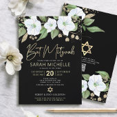 Invitation QR Code Bat mitzvah Black Gold Floral Script Girl