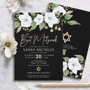 Invitation QR Code Bat mitzvah Black Gold Floral Script Girl