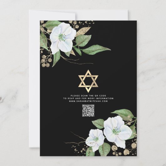 Invitation QR Code Bat mitzvah Black Gold Floral Script Girl (Dos)