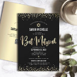 Invitation QR Code Bat mitzvah moderne Black Gold Parties sci<br><div class="desc">Soyez fier, réjouissez-vous et présentez cette étape importante de votre Bat mitzvah préféré ! Envoyez cette incroyable invitation de code QR personnalisée, moderne et étonnante pour un événement à retenir. Scénario de calligraphie de feuille d'or, Star of David et points de confetti, superposent un arrière - plan noir riche, dramatique....</div>