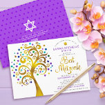 Invitation QR Code Bat mitzvah Purple Gold Bold Arbre de vie<br><div class="desc">Soyez fier, réjouissez-vous et présentez cette étape importante de votre Bat mitzvah préféré ! Envoyez cette invitation de code QR audacieuse, moderne et personnalisée pour un événement à retenir. Un arbre amusant, imitation de feuille d'or avec brillant turquoise, turquoise, violet et bleu Star de David et des "feuilles" point, faux...</div>