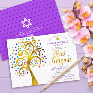 Invitation QR Code Bat mitzvah Purple Gold Bold Arbre de vie