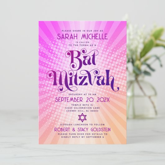 Invitation QR Code Bat mitzvah Rétro rose orange Gradient Fun (Debout devant)