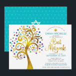 Invitation QR Code Bat mitzvah Turquoise Gold Tree of Life<br><div class="desc">Soyez fier, réjouissez-vous et présentez cette étape importante de votre Bat mitzvah préféré ! Envoyez cette invitation de code QR audacieuse, moderne et personnalisée pour un événement à retenir. Un arbre amusant, imitation de feuille d'or avec brillant turquoise, turquoise, violet et bleu Star de David et "feuilles" point, faux script...</div>