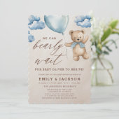 Invitation QR Code Bearly Wait Blue Boy Baby shower (Debout devant)