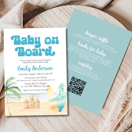 Invitation QR Code bébé à bord Surfboard Beach Shower Boy