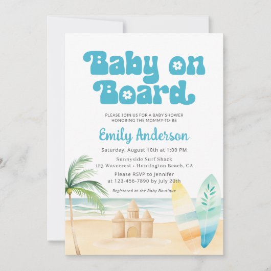 Invitation QR Code bébé à bord Surfboard Beach Shower Boy (Devant)
