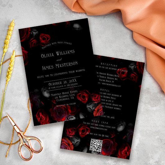 Invitation QR Code Black and Red Floral All in One Wedding