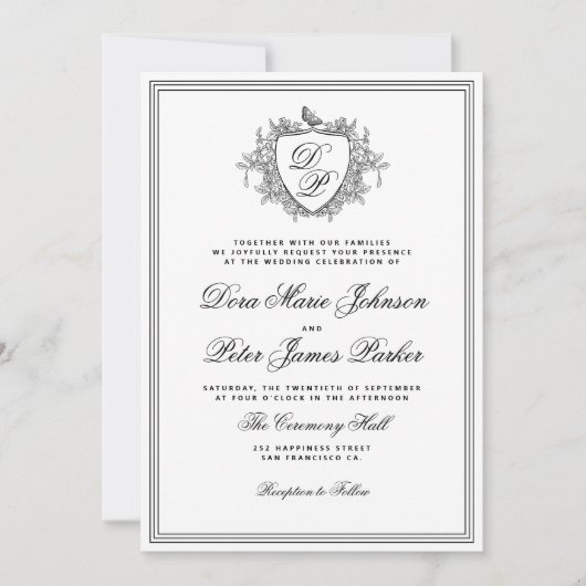 Invitation QR code black and white crest monogram wedding (Devant)