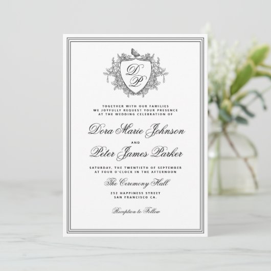 Invitation QR code black and white crest monogram wedding (Debout devant)