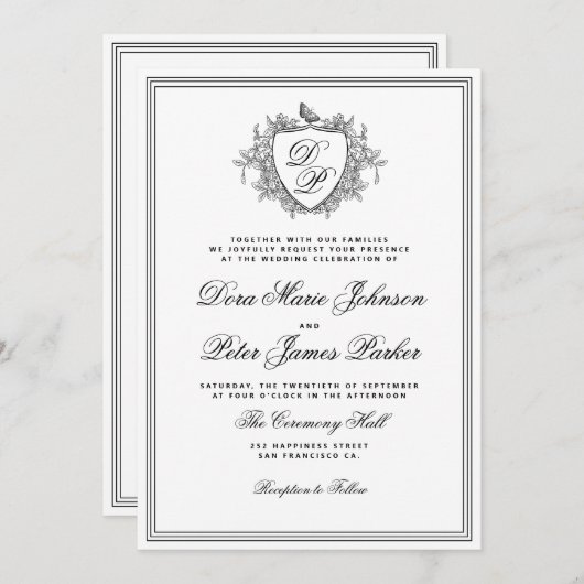 Invitation QR code black and white crest monogram wedding (Devant / Derrière)