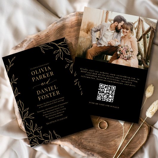 Invitation QR Code Black Gold Photo Mariage élégant