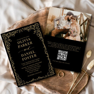 Invitation QR Code Black Gold Photo Minimaliste Mariage