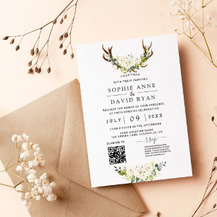 Invitation QR Code Blanc Aquarelle Fleurs Antlers Mariage