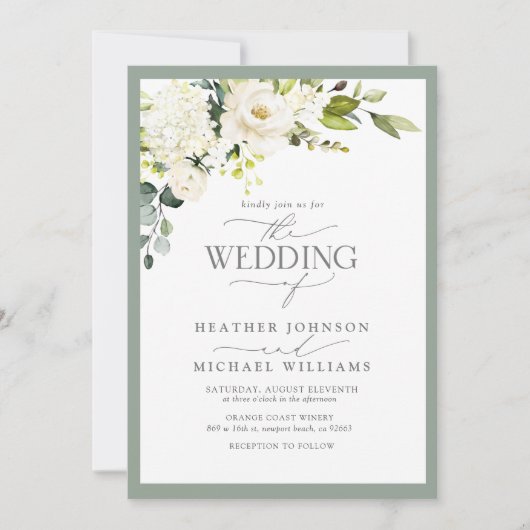 Invitation QR Code blanc gris vert vert Mariage d'aquarelle (Devant)