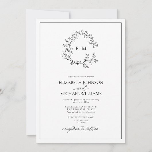 Invitation QR Code Blanc Noir Cimier Mariage Monogramme (Devant)