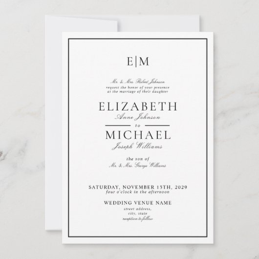 Invitation QR Code Blanc Noir Classique Monogramme Mariage (Devant)
