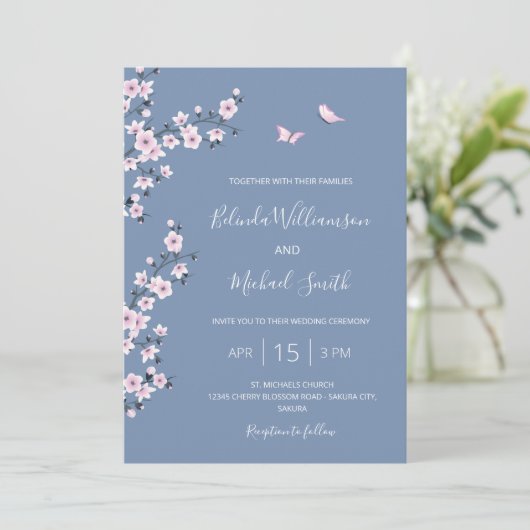Invitation QR Code Blue Cherry Blossom | Mariage chinois (Debout devant)