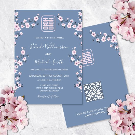 Invitation QR Code Blue Cherry Blossom | Mariage chinois