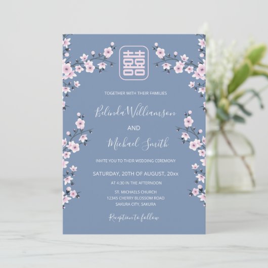 Invitation QR Code Blue Cherry Blossom | Mariage chinois (Debout devant)