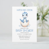 Invitation QR Code Blue Dinosaur Hatching Bientôt Baby shower (Debout devant)