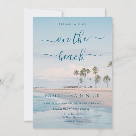 Invitation QR Code Blue Ocean Palm Tree Beach Wedding (Devant)