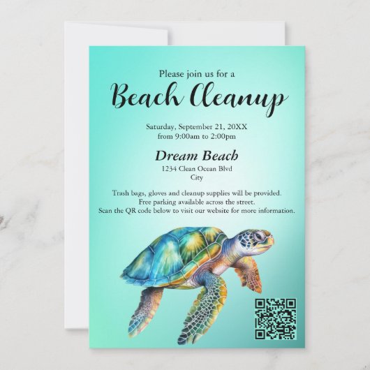 Invitation QR Code Blue Sea Turtle Beach Cleanup Event (Devant)