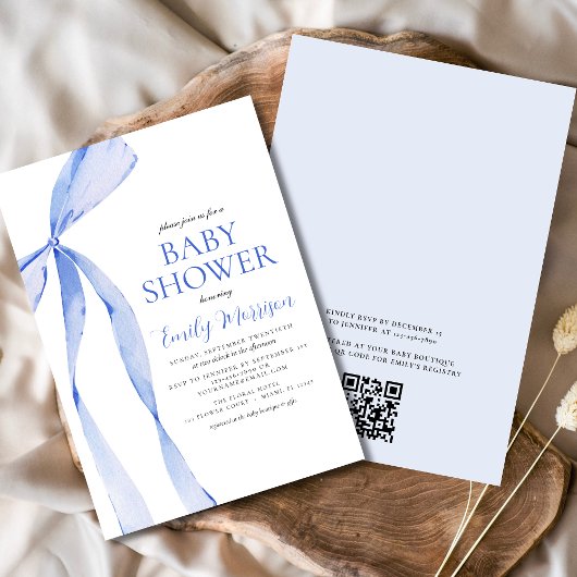 Invitation QR Code Blue Watercolor Bow Bow Baby shower