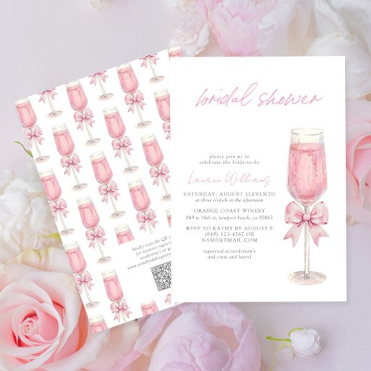 Invitation QR Code Blush Pink Bow Champagne Bridal Shower
