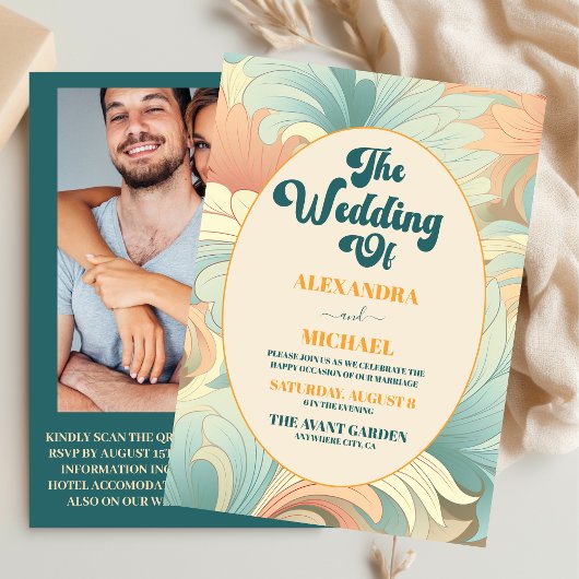 Invitation QR Code Boho Retro coloré Mariage floral