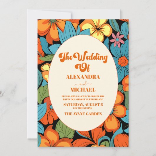 Invitation QR Code Boho Seventies Retro Floral Mariage (Devant)