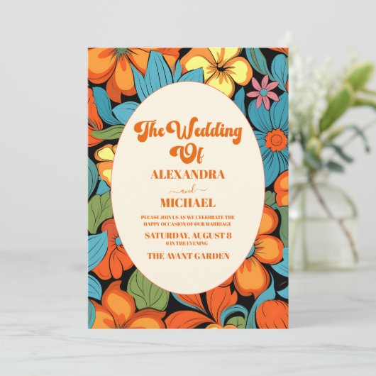 Invitation QR Code Boho Seventies Retro Floral Mariage (Debout devant)