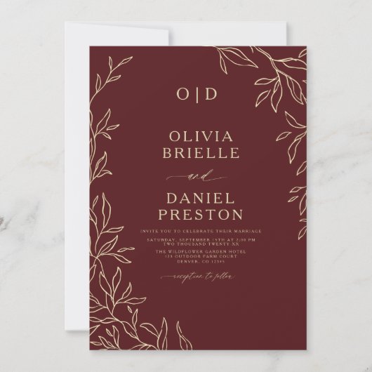 Invitation QR Code Bourgogne et or Mariage feuille de monogra (Devant)