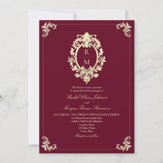 Invitation QR Code Bourgogne Gold Mariage baroque (Devant)