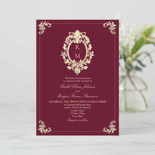 Invitation QR Code Bourgogne Gold Mariage baroque (Debout devant)