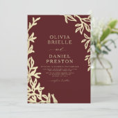 Invitation QR Code Bourgogne & Gold Minimal Mariage feuille (Debout devant)
