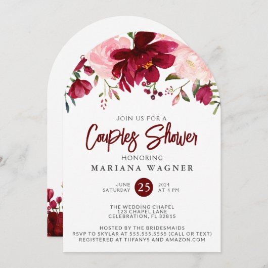 Invitation QR Code Bourgogne rose Floral Couples Douche (Devant / Derrière)