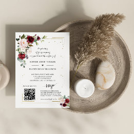Invitation QR Code Bourgogne rose Floral Mariage or